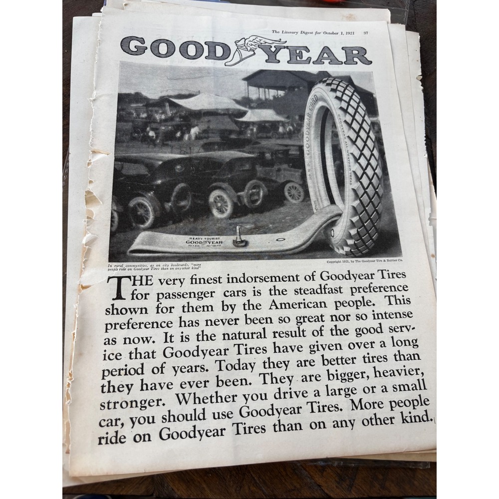 Goodyear Vintage Print Ad 1921 Black White Literary Digest Antique Wall Art